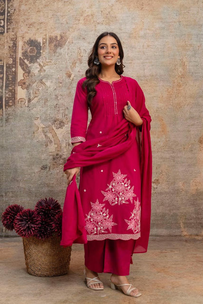 Pure Fine Cotton Embroidered Kurti Pant with Dupatta Set