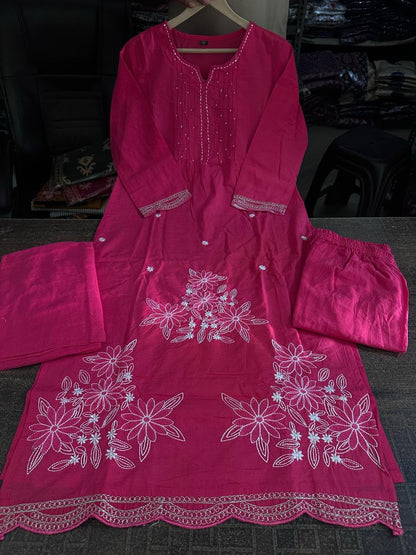 Pure Fine Cotton Embroidered Kurti Pant with Dupatta Set