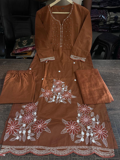 Pure Fine Cotton Embroidered Kurti Pant with Dupatta Set