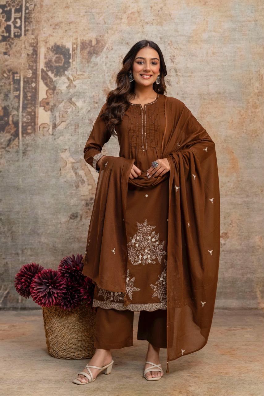 Pure Fine Cotton Embroidered Kurti Pant with Dupatta Set