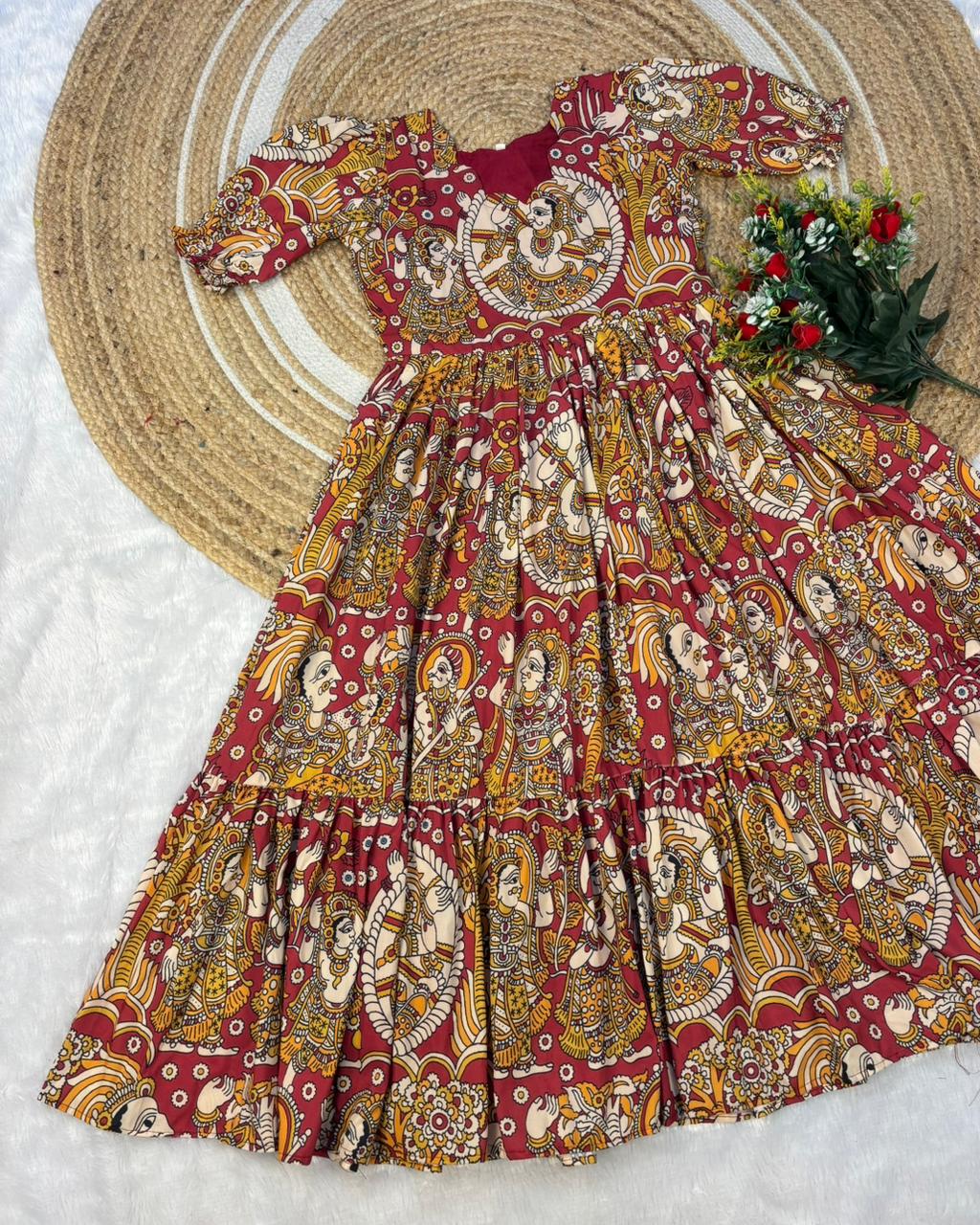 Soft Maslin Cotton Digital Print Kalamkari Maxi Gown