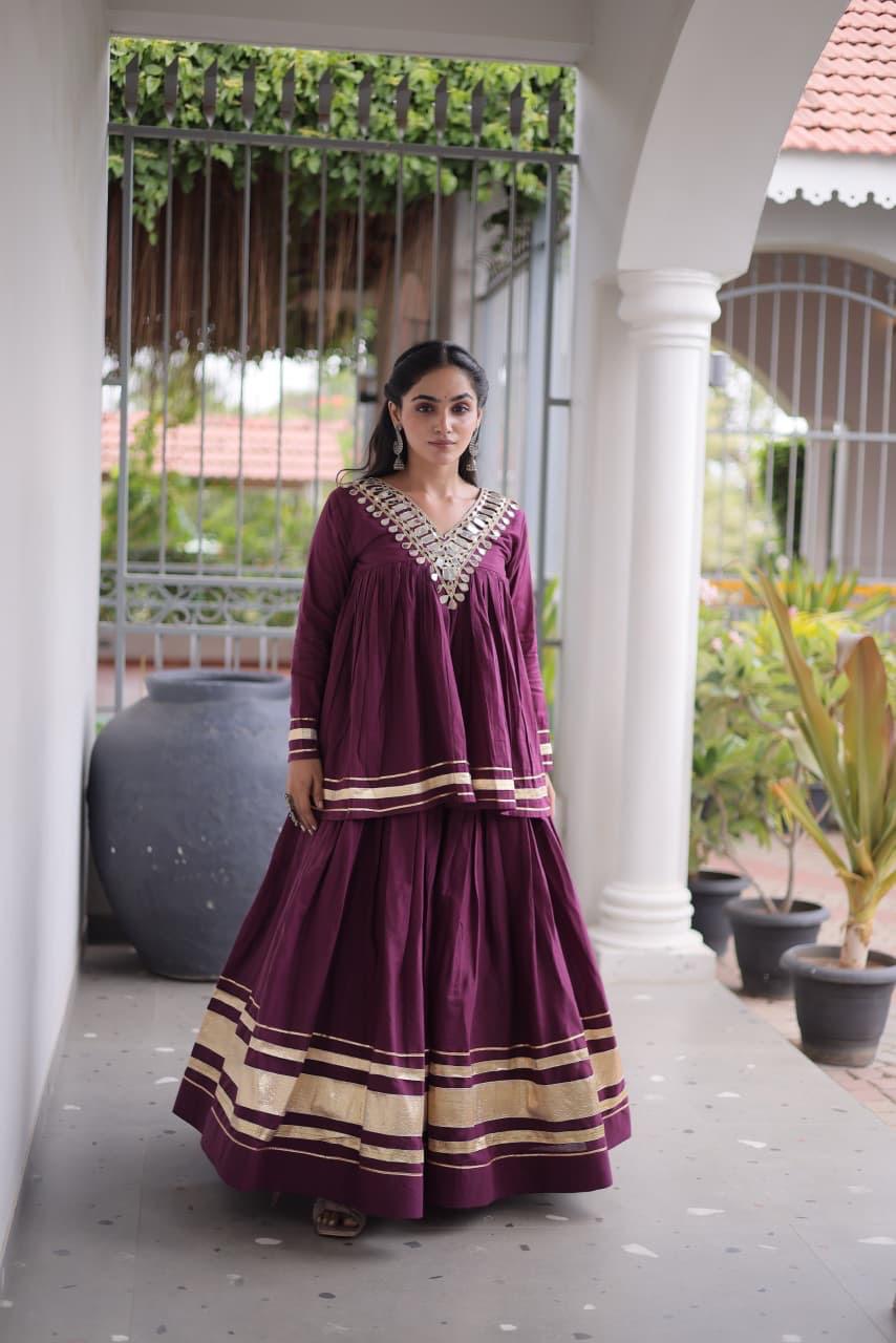 Kora Cotton Zari Gota Patti Lehenga Choli with Mirror Lace Work