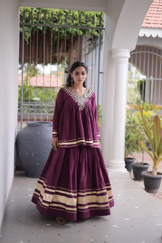 Kora Cotton Zari Gota Patti Lehenga Choli with Mirror Lace Work