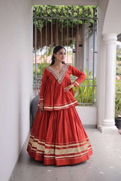 Kora Cotton Zari Gota Patti Lehenga Choli with Mirror Lace Work