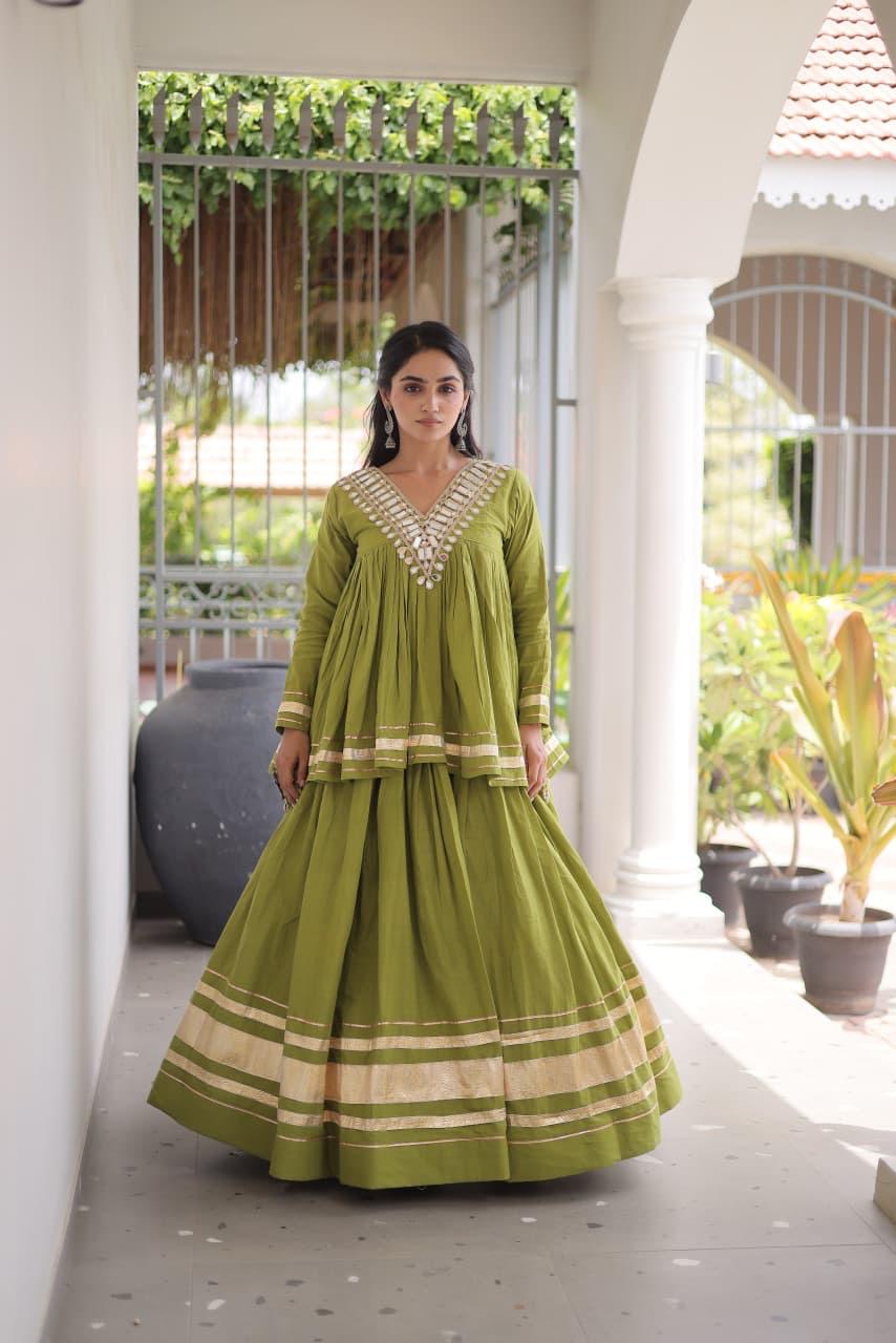 Kora Cotton Zari Gota Patti Lehenga Choli with Mirror Lace Work