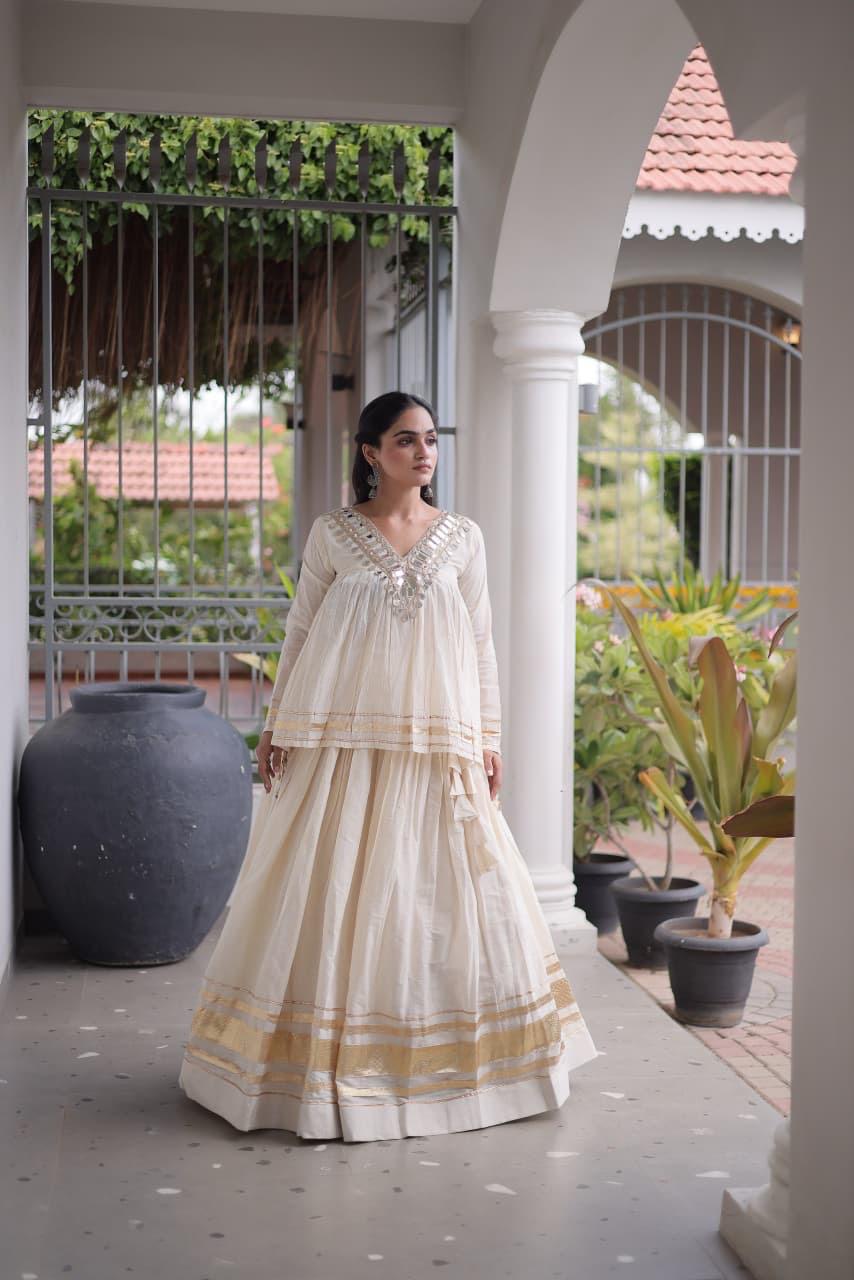 Kora Cotton Zari Gota Patti Lehenga Choli with Mirror Lace Work