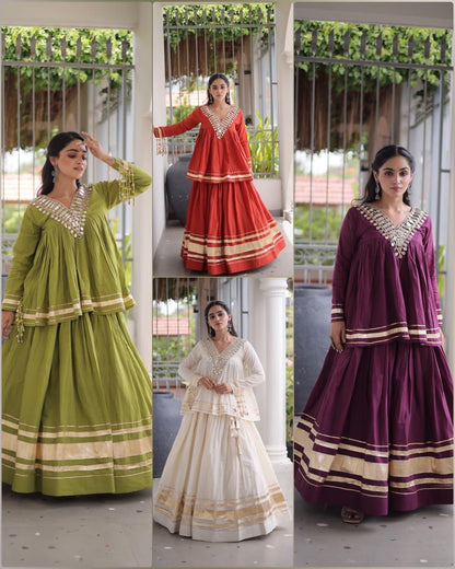 Kora Cotton Zari Gota Patti Lehenga Choli with Mirror Lace Work