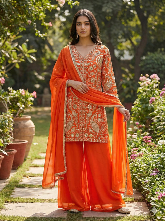 Heavy Faux Georgette Embroidery Top Palazzo Dupatta Party Wear Set