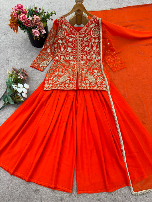 Heavy Faux Georgette Embroidery Top Palazzo Dupatta Party Wear Set