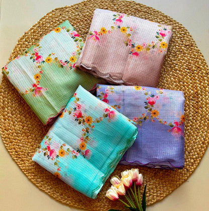 Lightweight Kota Checks Floral Print Saree with Arco Cutwork Border
