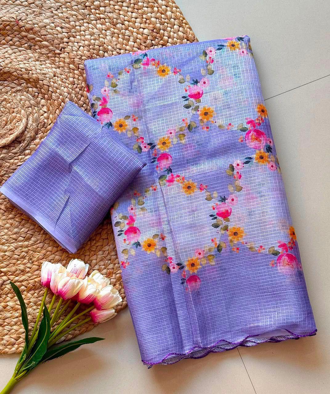 Lightweight Kota Checks Floral Print Saree with Arco Cutwork Border