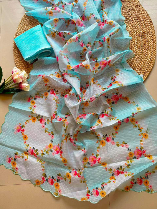 Lightweight Kota Checks Floral Print Saree with Arco Cutwork Border