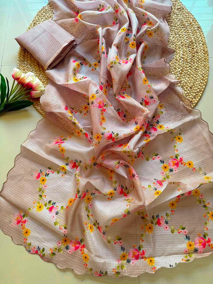 Lightweight Kota Checks Floral Print Saree with Arco Cutwork Border