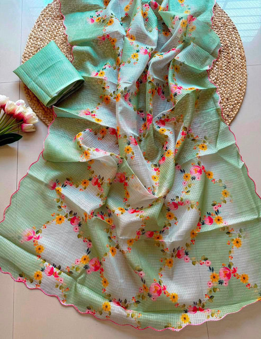 Lightweight Kota Checks Floral Print Saree with Arco Cutwork Border