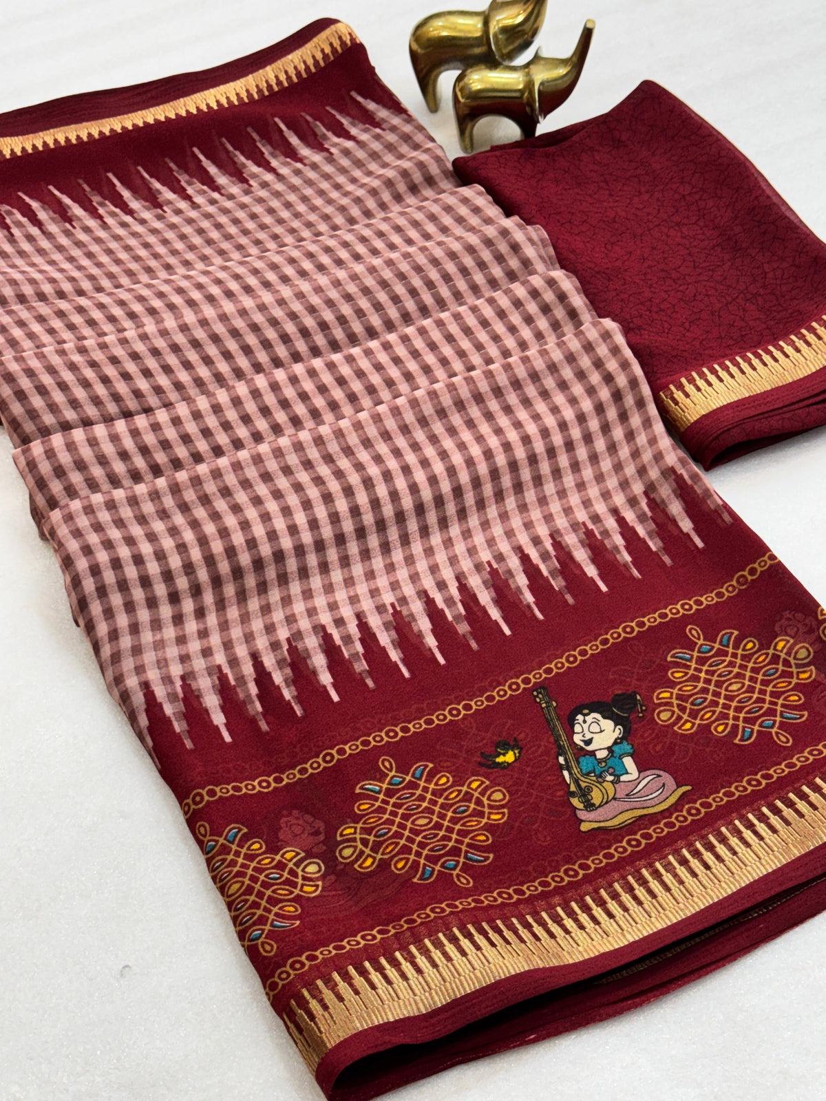 Heavy Georgette Silk Checks Print Saree with Woven Jacquard Border