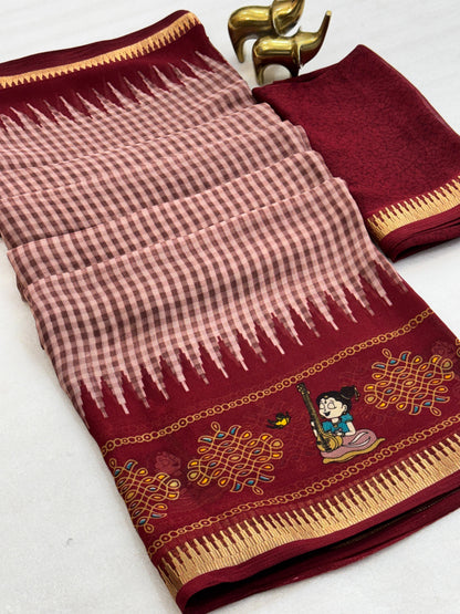 Heavy Georgette Silk Checks Print Saree with Woven Jacquard Border