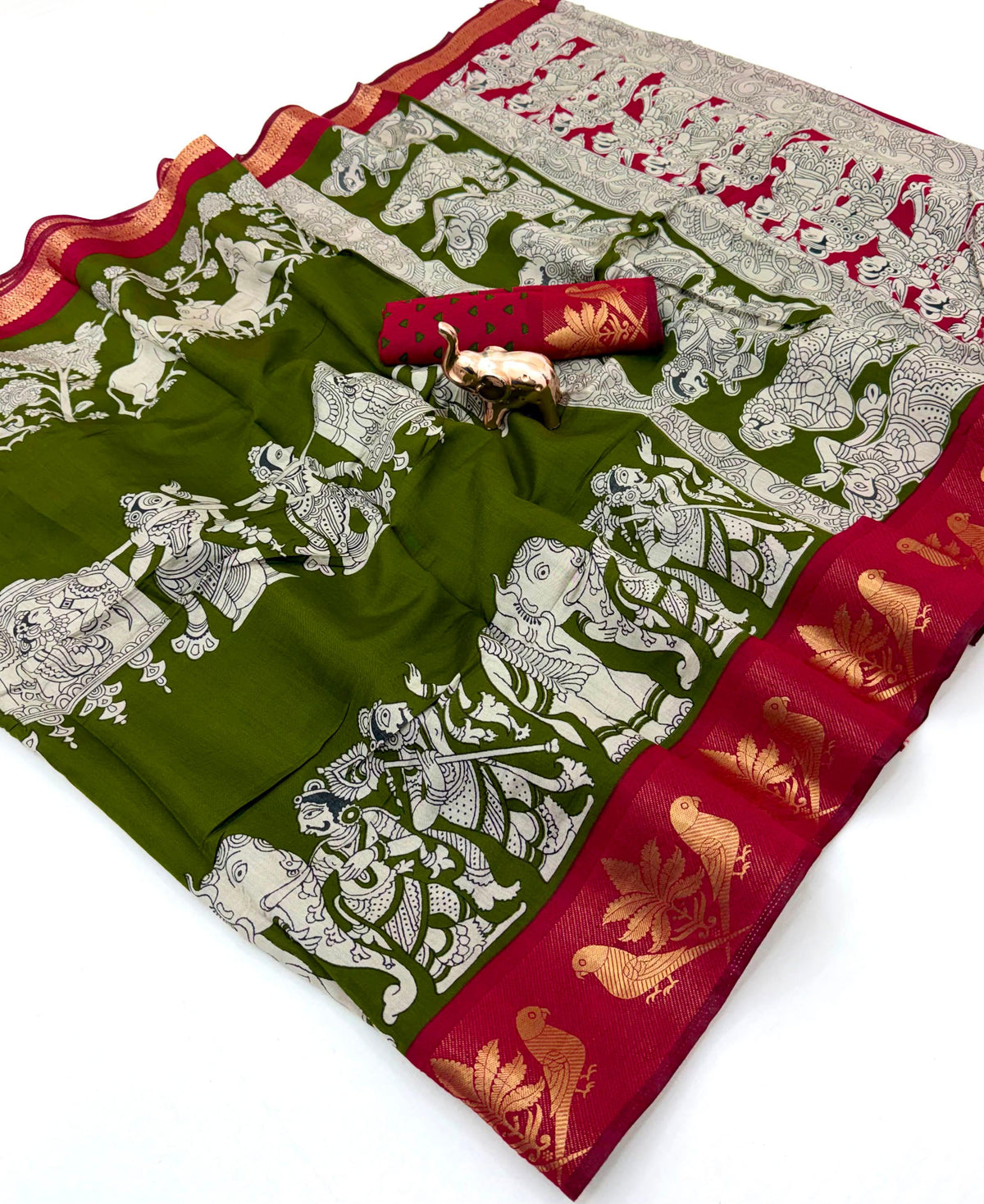 Mangalgiri Parrot Soft PV Mul Cotton Saree with Kalamkari Pallu