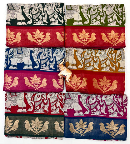 Mangalgiri Parrot Soft PV Mul Cotton Saree with Kalamkari Pallu