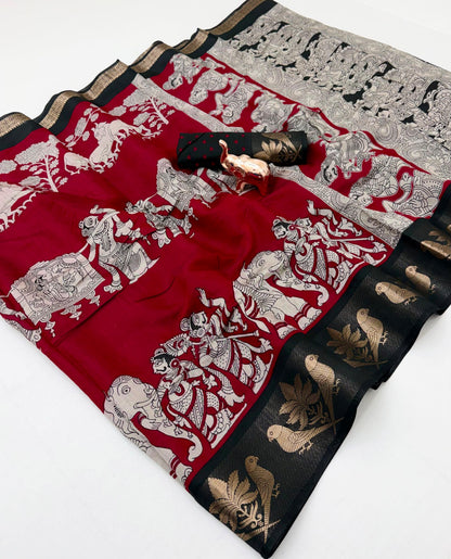 Mangalgiri Parrot Soft PV Mul Cotton Saree with Kalamkari Pallu