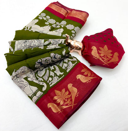 Mangalgiri Parrot Soft PV Mul Cotton Saree with Kalamkari Pallu