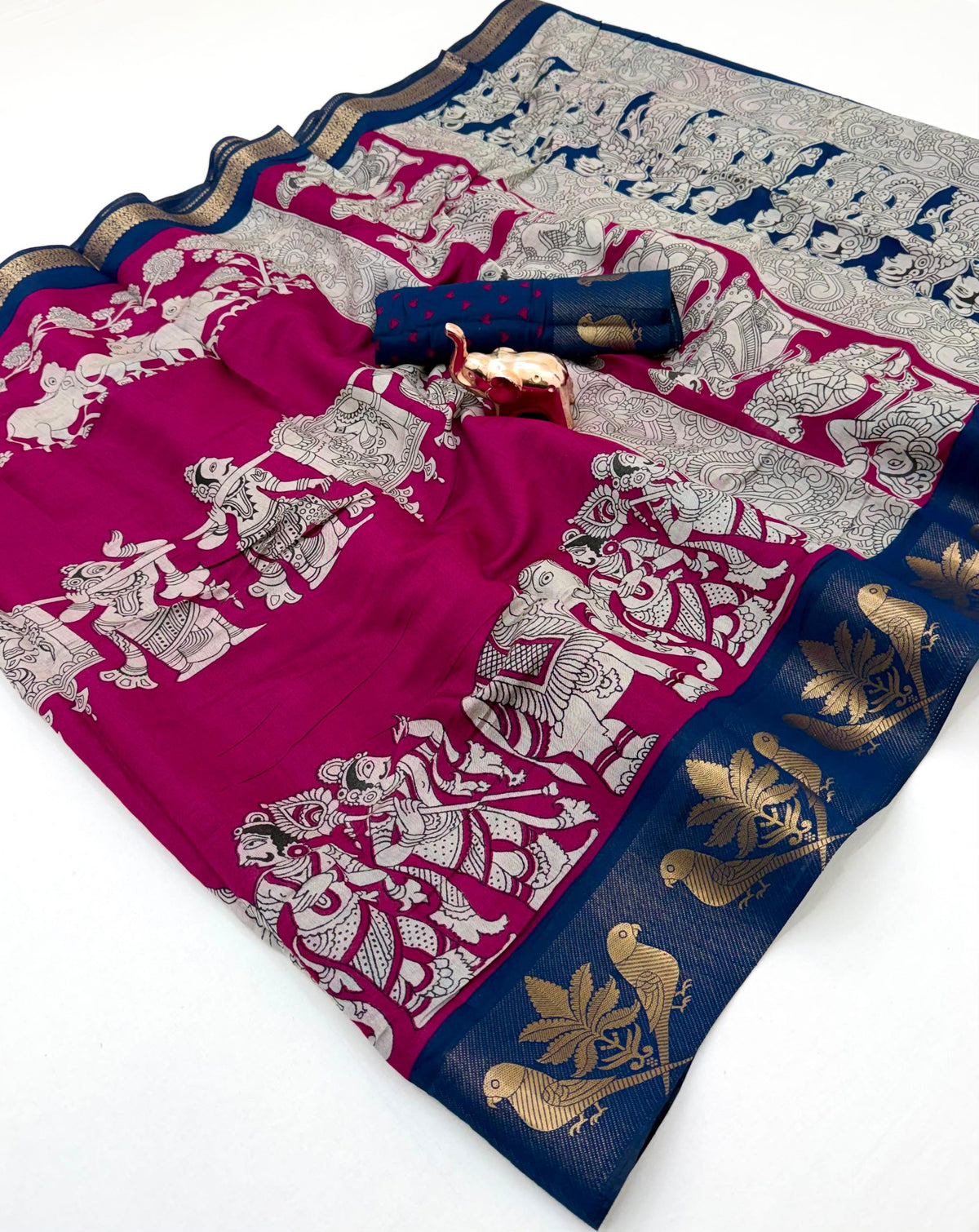 Mangalgiri Parrot Soft PV Mul Cotton Saree with Kalamkari Pallu