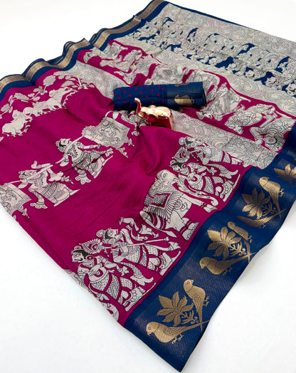 Mangalgiri Parrot Soft PV Mul Cotton Saree with Kalamkari Pallu