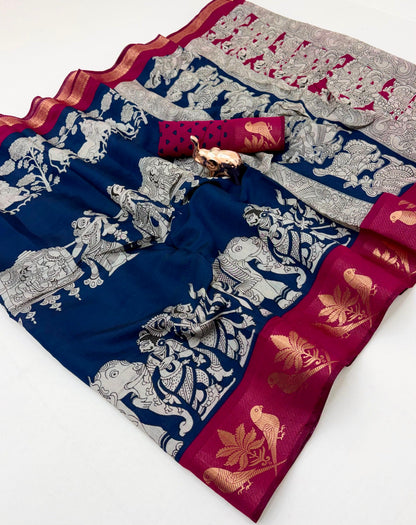 Mangalgiri Parrot Soft PV Mul Cotton Saree with Kalamkari Pallu