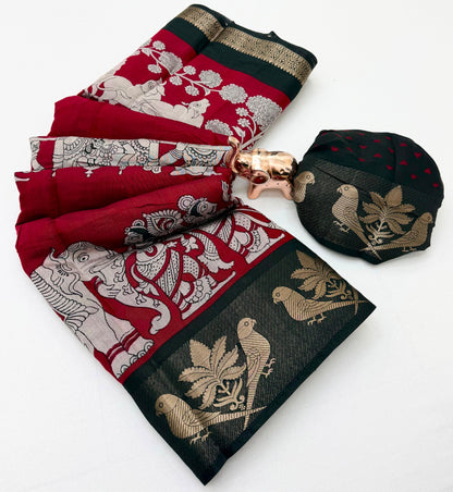 Mangalgiri Parrot Soft PV Mul Cotton Saree with Kalamkari Pallu