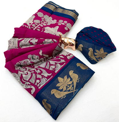 Mangalgiri Parrot Soft PV Mul Cotton Saree with Kalamkari Pallu