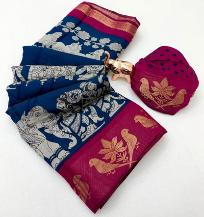 Mangalgiri Parrot Soft PV Mul Cotton Saree with Kalamkari Pallu