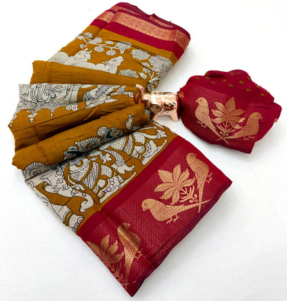 Mangalgiri Parrot Soft PV Mul Cotton Saree with Kalamkari Pallu