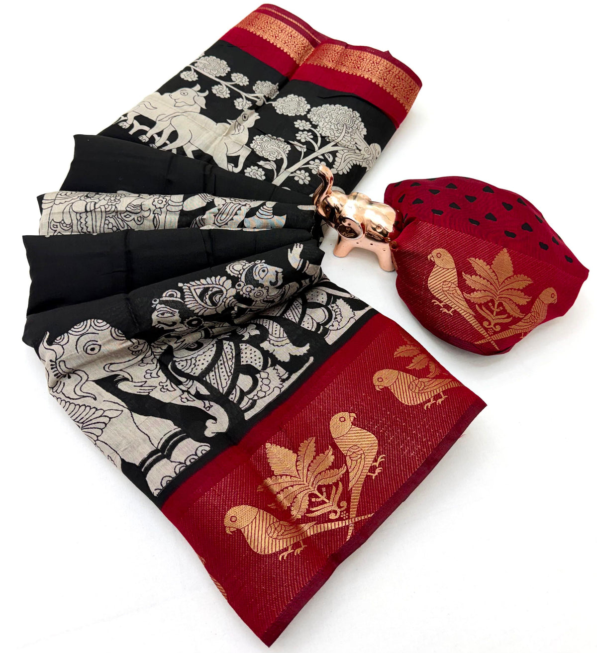 Mangalgiri Parrot Soft PV Mul Cotton Saree with Kalamkari Pallu