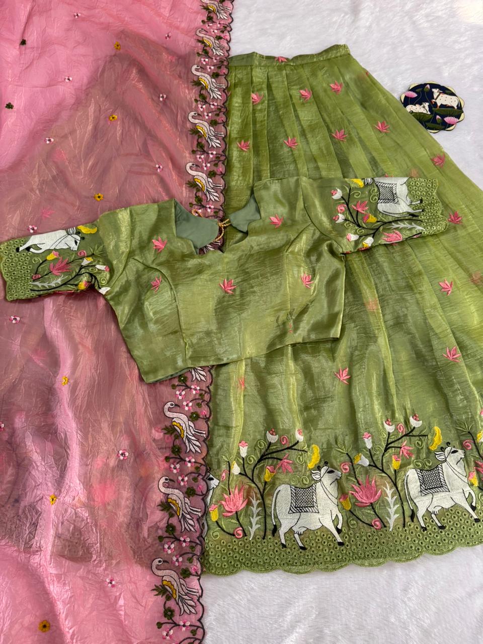 Embroidered Pichwai Gold Crush Silk Stitched Lehenga Set for Women