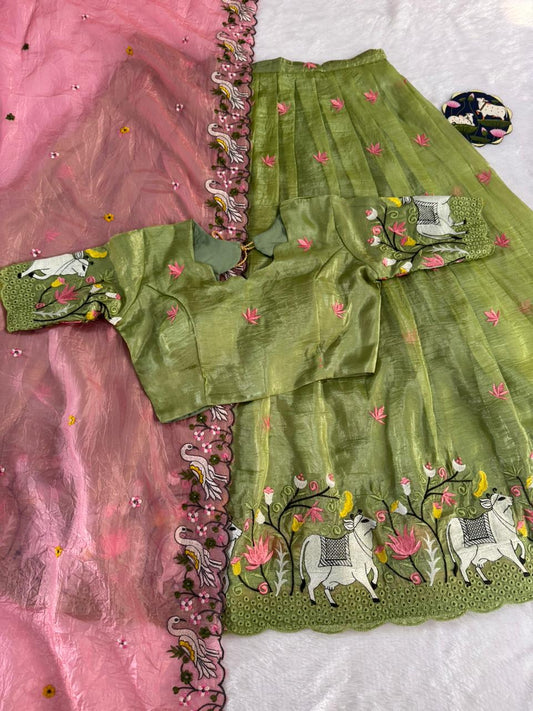 Embroidered Pichwai Gold Crush Silk Stitched Lehenga Set for Women