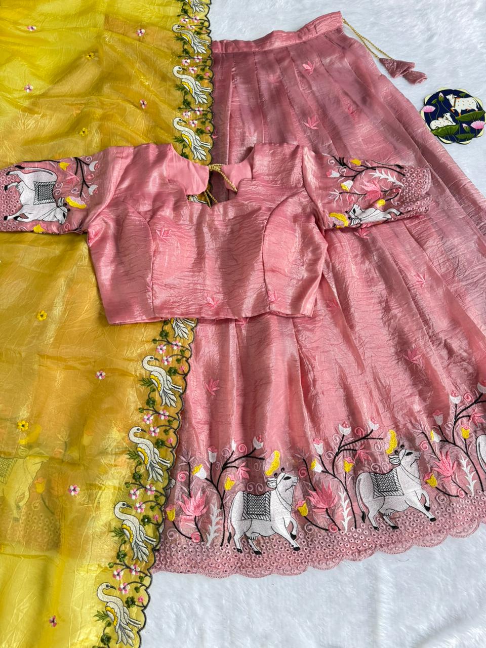 Embroidered Pichwai Gold Crush Silk Stitched Lehenga Set for Women