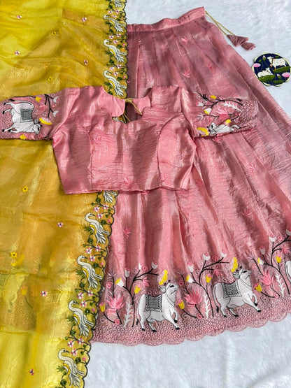 Embroidered Pichwai Gold Crush Silk Stitched Lehenga Set for Women