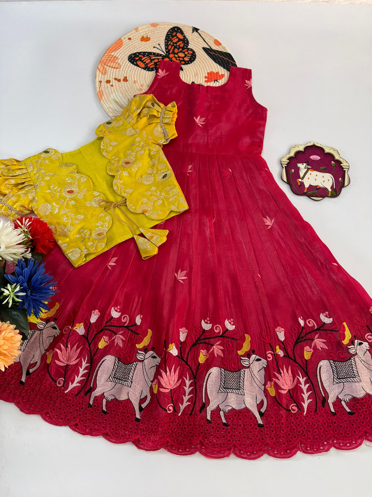 Kids Pongal Trending Gown with Soft Nylon Dola Silk Overcoat