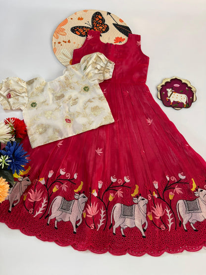 Kids Pongal Trending Gown with Soft Nylon Dola Silk Overcoat