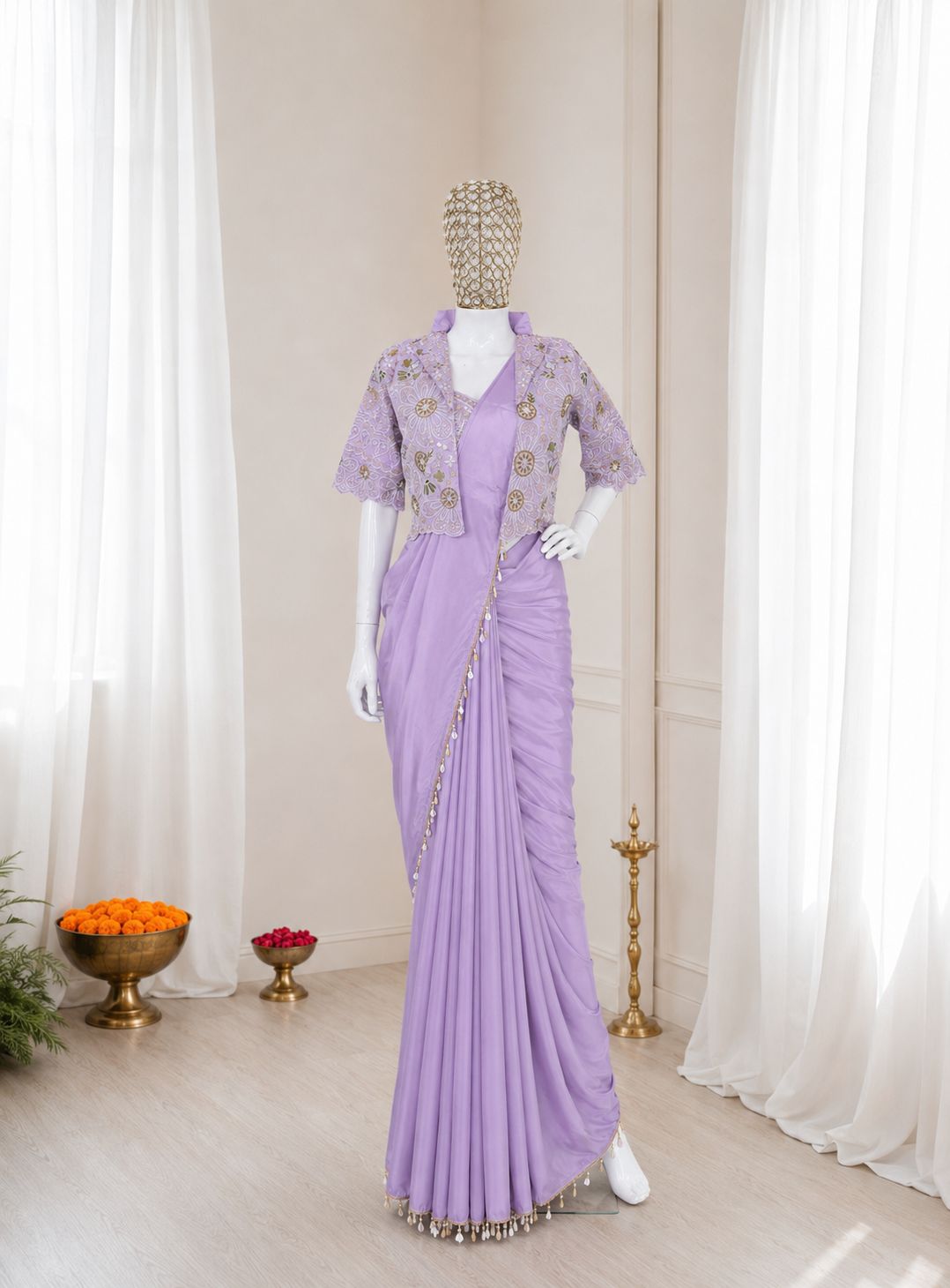 Ready-to-Wear Heavy Crepe Silk Saree with Embroidered Koti and Blouse