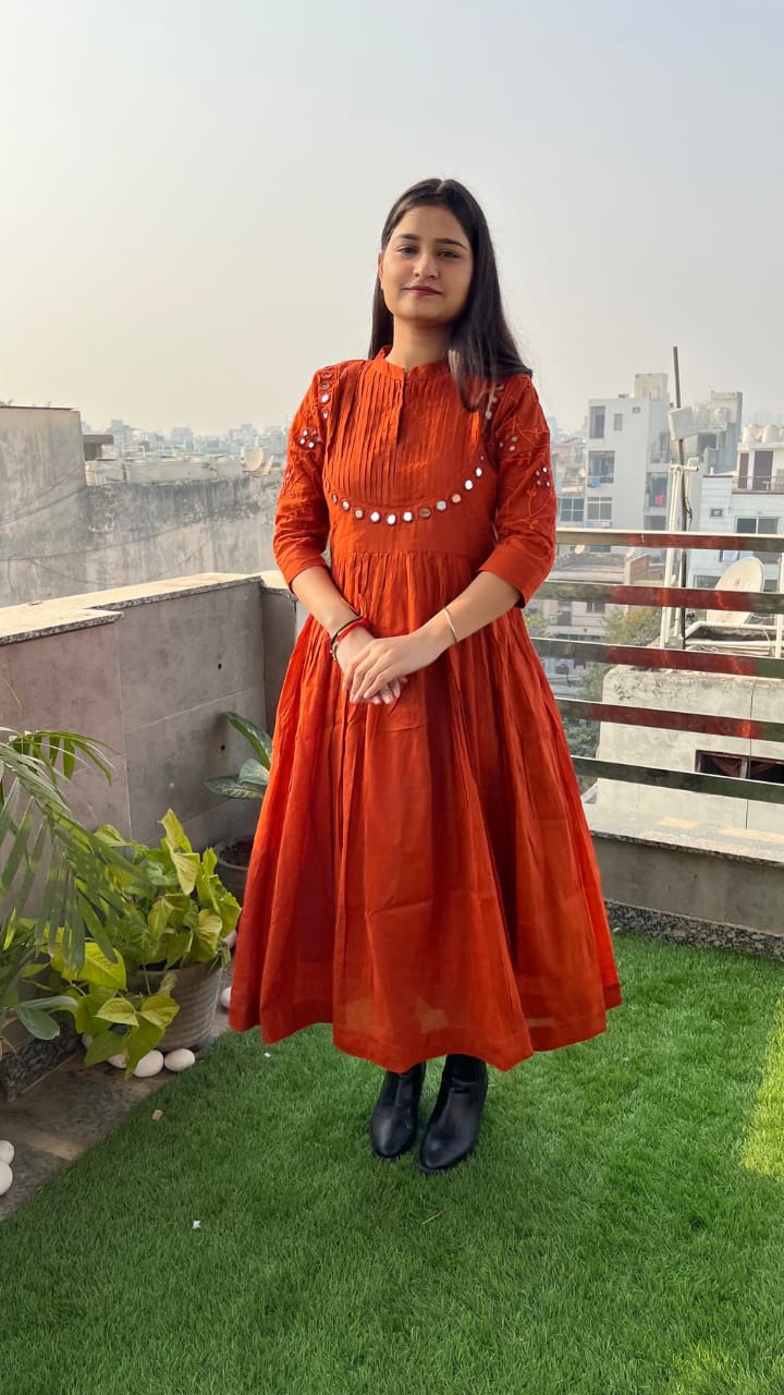 Cotton Gown with Heavy Aari Mirror, Embroidery and Pintex Work