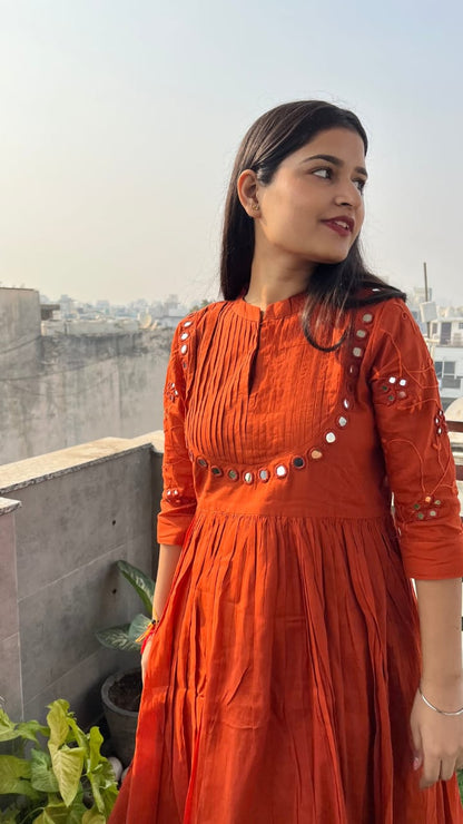 Cotton Gown with Heavy Aari Mirror, Embroidery and Pintex Work