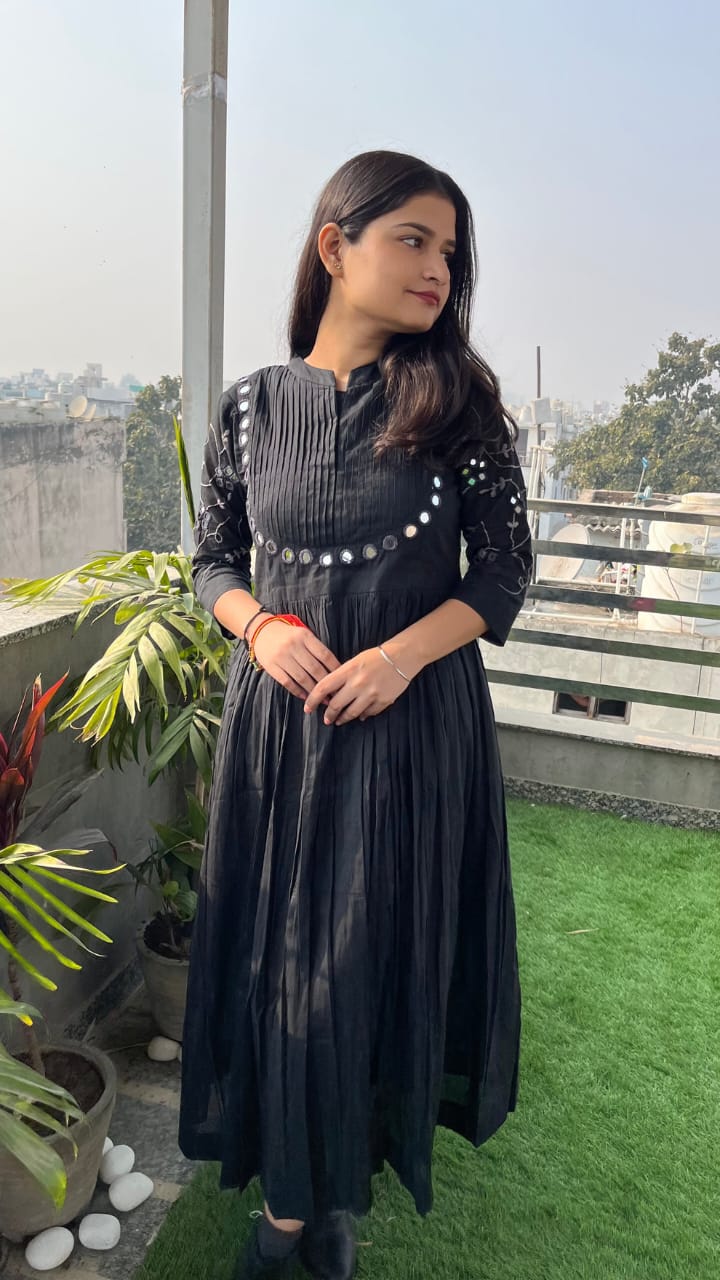 Cotton Gown with Heavy Aari Mirror, Embroidery and Pintex Work