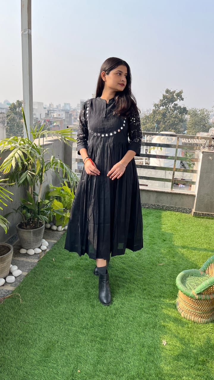 Cotton Gown with Heavy Aari Mirror, Embroidery and Pintex Work