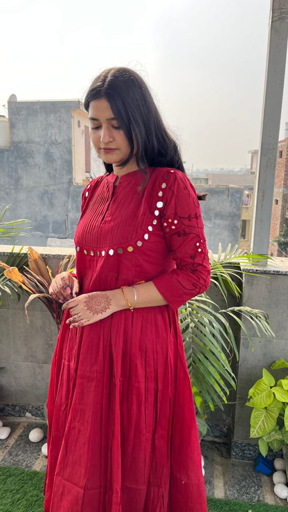 Cotton Gown with Heavy Aari Mirror, Embroidery and Pintex Work