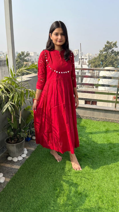Cotton Gown with Heavy Aari Mirror, Embroidery and Pintex Work