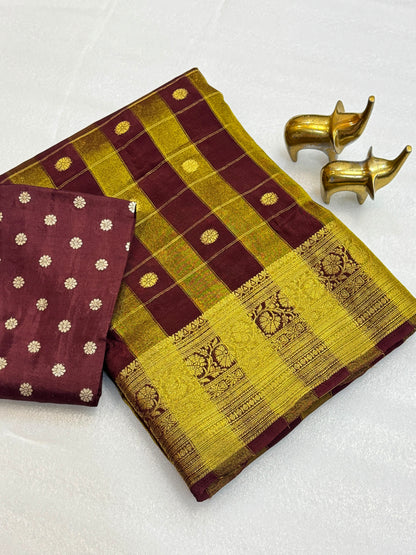 Pure Viscose Malai Silk Check Pattern Saree with Matching Blouse