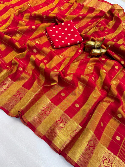 Pure Viscose Malai Silk Check Pattern Saree with Matching Blouse