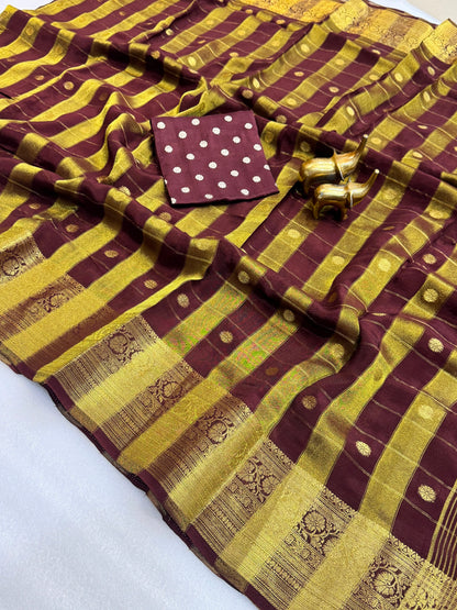 Pure Viscose Malai Silk Check Pattern Saree with Matching Blouse