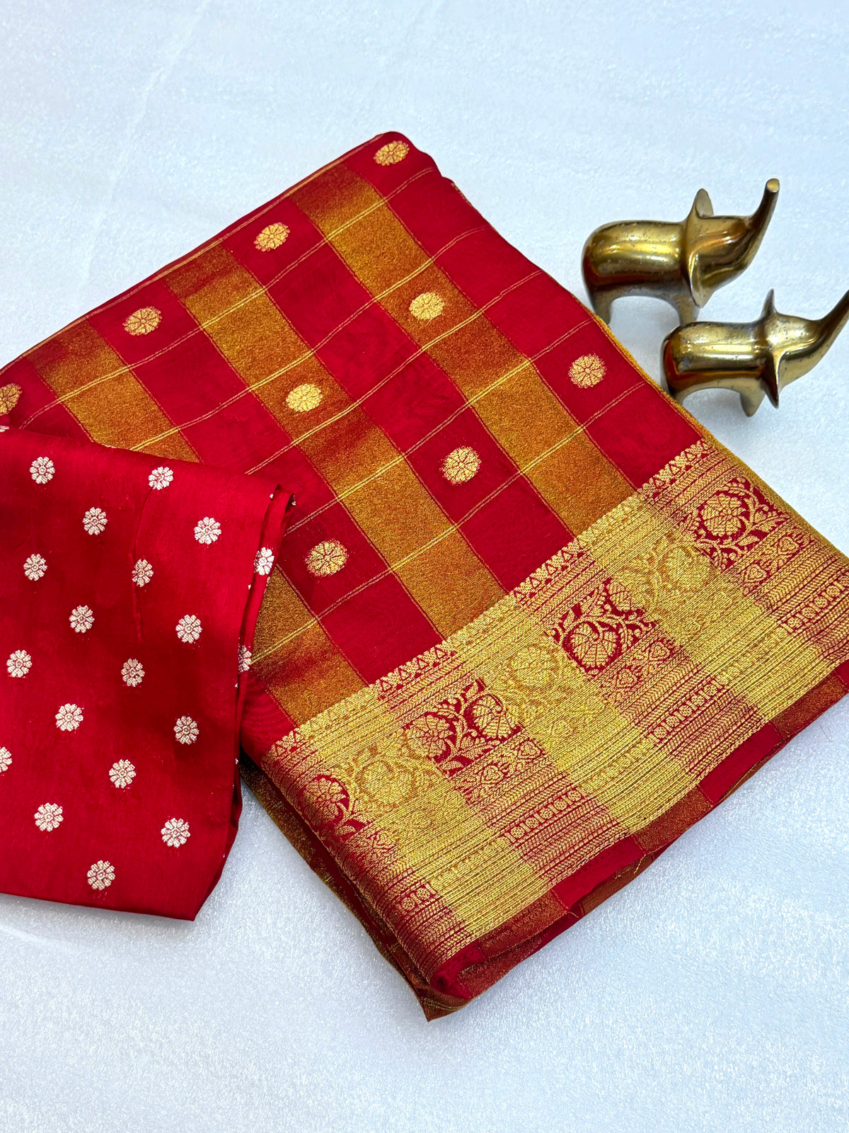 Pure Viscose Malai Silk Check Pattern Saree with Matching Blouse