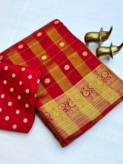 Pure Viscose Malai Silk Check Pattern Saree with Matching Blouse